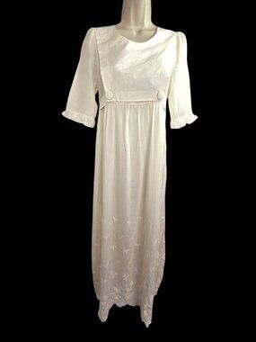 TBA Silk Cotton Embroidered Maxi Dress Womens S Ivory Empire Tie Scalloped Lined